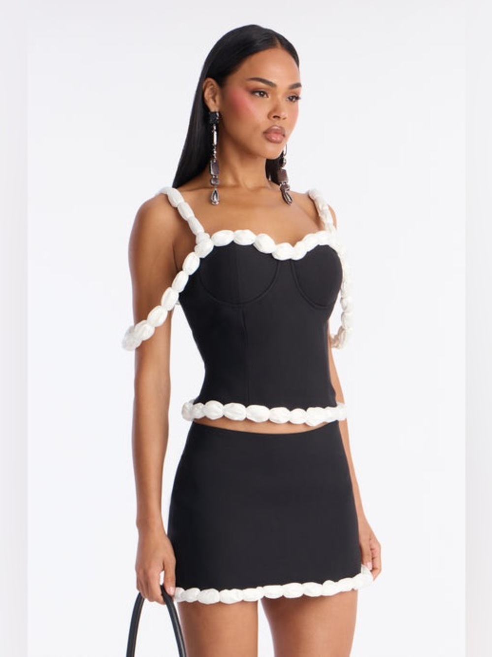 Fashion Nova Kiss Me Softly Black Mini Skirt set with White Braided Trim size XS